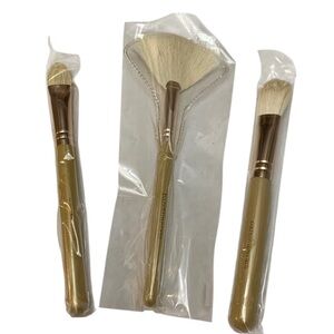 bareMinerals Lot of 3 Makeup Brushes Gold Handle Tapered Shadow Blending Fan NEW